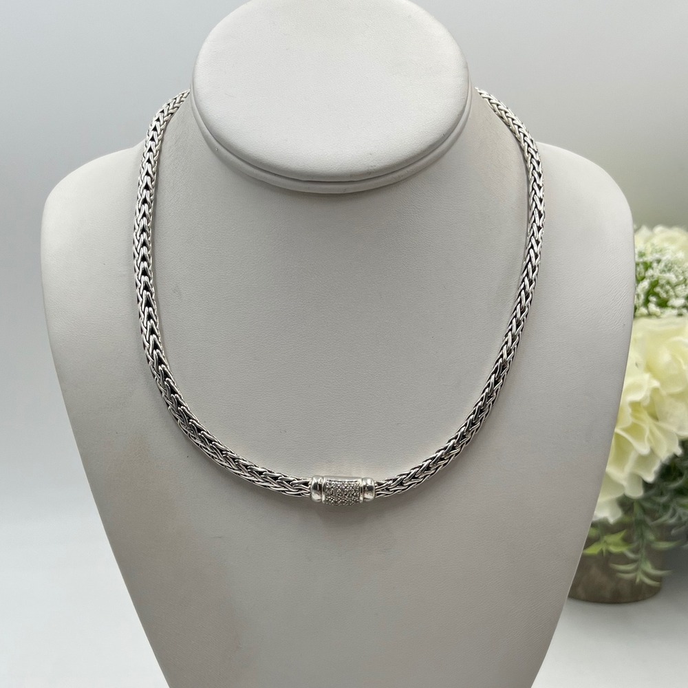 Phillip Gavriel Woven Collection White Sapphire Barrel Sterling Chain Necklace